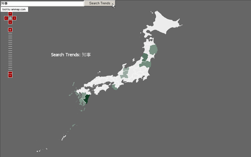 日本地図でGoogle Trends 「知事」 検索結果