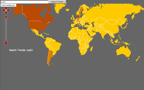 世界地図でGoogle Trends 「sushi」 検索結果